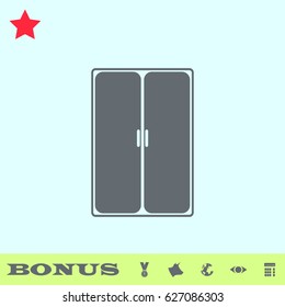 Wardrobe or Cupboard icon flat. Grey pictogram on blue background. Vector illustration symbol and bonus buttons medal, cow, earth, eye, calculator