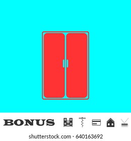 Wardrobe or Cupboard icon flat. Red pictogram on blue background. Vector illustration symbol and bonus buttons Music center, corkscrew, credit card, house, drum