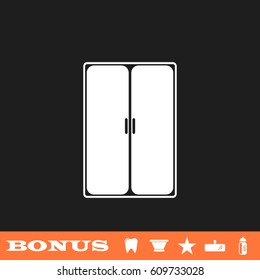Wardrobe or Cupboard icon flat. White pictogram on black background. Vector illustration symbol and bonus button tooth, vase, star, mirror, bottle