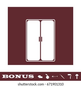 Wardrobe or Cupboard icon flat. White pictogram on brown background. Vector illustration symbol and bonus icons