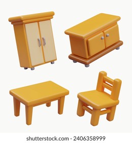 Wardrobe with decorative cornice and hinged doors, dining table, chest of drawers on legs, chair. Colored furniture in classic style. Set of floating 3D vector images