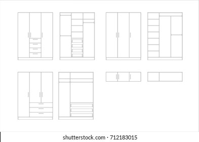 Wardrobe design collection isolated on white background. Vector. Furniture design. Cupboard. Home Interior Design Software Programs. Project management. Lines, projection, construction.