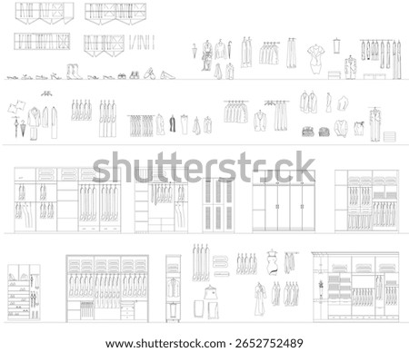 Wardrobe Design with Interior Accessories – 2D Floor Plan, Furniture Layout, Technical CAD Drawing, Vector Blueprint