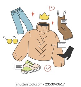 Gartenbau. Charaktere wählen oder sammeln Sets von Kleidung, die Kombination von modischen Bekleidung. Modernes trendiges Outfit. Flache Vektorgrafik