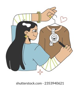 Wardrobe developing. Character choose or collect sets of clothes, making combination of fashionable apparel. Modern trendy outfit, Jumper made of natural fabric. Flat vector illustration