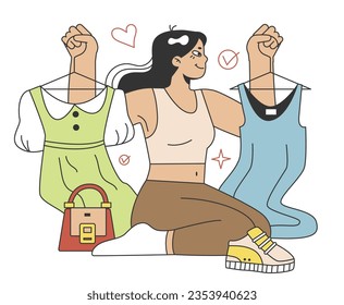 Wardrobe developing. Character choose or collect sets of clothes, making combination of fashionable apparel. Modern trendy outfit. Flat vector illustration
