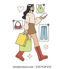 Wardrobe developing. Character choose or collect sets of clothes, making combination of fashionable apparel. Modern trendy outfit. Flat vector illustration