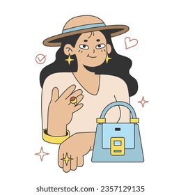 Wardrobe developing. Character choose or collect sets of clothes, making combination of fashionable apparel. Modern trendy outfit. Flat vector illustration