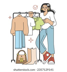 Wardrobe developing. Character choose or collect sets of clothes, making combination of fashionable apparel. Modern trendy outfit. Flat vector illustration