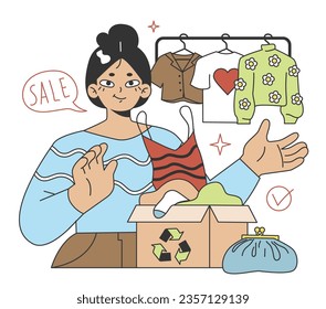 Wardrobe developing. Character doing a apparel audit, throwing away old clothes. Woman decluttering a cupboard. Clothes recycling and donation. Flat vector illustration