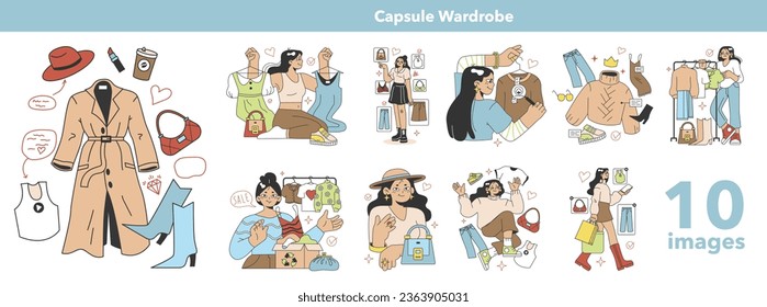 Wardrobe developing set. Character choose or collect sets of clothes, making combination of fashionable apparel. Modern trendy outfit. Flat vector illustration