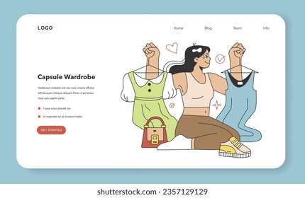Wardrobe developing web banner or landing page. Character choose or collect sets of clothes, making combination of fashionable apparel. Modern trendy outfit. Flat vector illustration