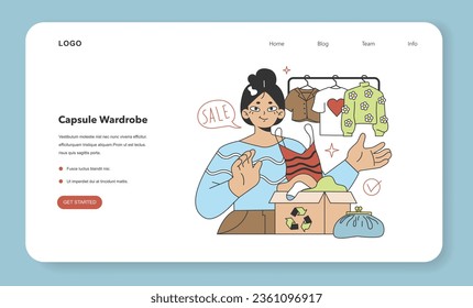Wardrobe developing web banner or landing page. Character doing a apparel audit, throwing away old clothes. Woman decluttering a cupboard. Clothes recycling and donation. Flat vector illustration