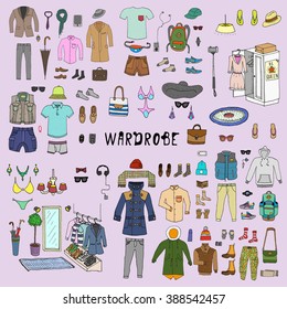 Wardrobe. Doodle set with hand drawn collection of trendy clothes and accessories for man. Look Book. Isolated. 