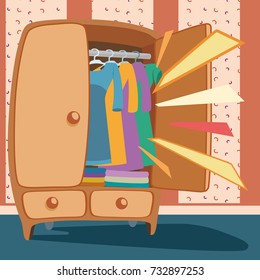 Wardrobe door opened with clothing against a background with patterns . Attention marks signal a clothing store promotion or a sale in a marketing banner modern vector illustration design