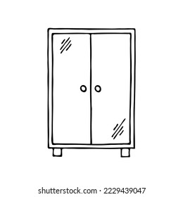 Wardrobe with doors. Home wardrobe. Wooden furniture for the interior of the room. Vector black and white isolated illustration. Hand drawn outline sketch