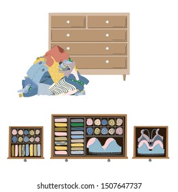 Wardrobe drawer organizer. Wardrobe inner space. Clothes tidying up concept. Vector illustration isolated on white.