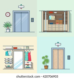 Wardrobe dressing room interior indoor elevator entrance door hall lift corridor set. Linear multicolor stroke outline flat style vector icons. Color icon collection.