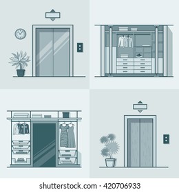 Wardrobe dressing room interior indoor elevator entrance door hall lift corridor set. Linear stroke outline flat style vector icons. Monochrome icon collection.