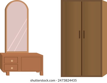 Wardrobe and dressing table isolated in white background. Furniture collection. Interior Element collection