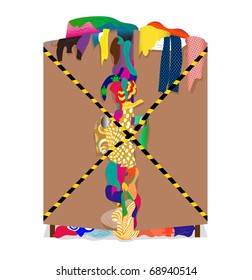 Wardrobe full of  color clothes tightened by ribbon