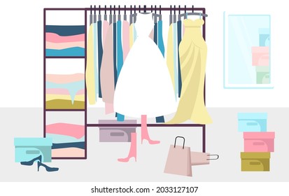Wardrobe Full of different Women's Clothes isolated on white. Flat Art Vector Illustration.