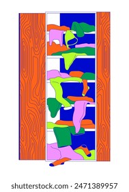 Wardrobe full of messy clothes 2D linear cartoon object. Garment falling out of closet isolated line vector element white background. Excess clothing keeping color flat spot illustration