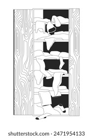 Wardrobe full of messy clothes black and white 2D line cartoon object. Garment falling out of closet isolated vector outline item. Excess clothing keeping monochromatic flat spot illustration