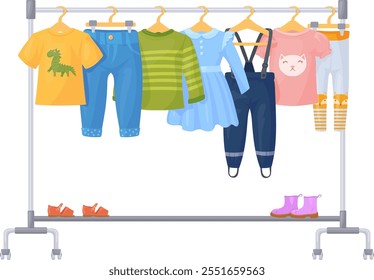 Wardrobe hanger with kid clothes. Children fashion apparel isolated on white background