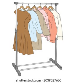 Wardrobe hanger with women's clothing in different colors. Fast linear sketch.