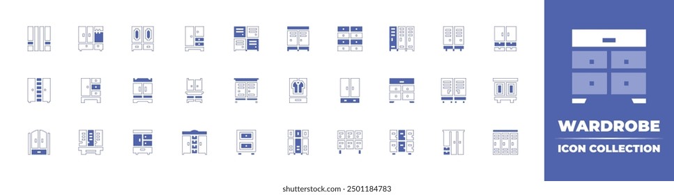 Colección de icono de vestuario. Estilo duotono trazo de línea y negrita. Ilustración vectorial. Contiene armario, armario, armario empotrado, armario, taquillas, armario, vestuario.