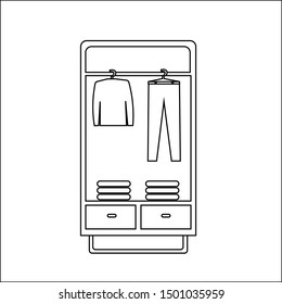 Wardrobe icon with dress and pants hanging on hanger can be used for web or mobile apps. Icon of wardrobe in flat style. Icon of wardrobe on white background