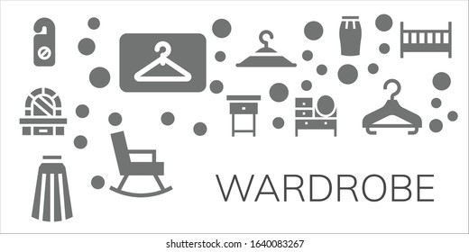 wardrobe icon set. 11 filled wardrobe icons. Included Hanger, Dressing table, Nightstand, Skirt, Clothing hanger, Rocking chair, Cot icons