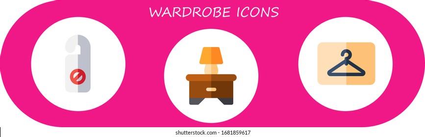 conjunto de iconos del armario. 3 iconos de armario plano. Perchas incluidas, iconos de la mesita de noche