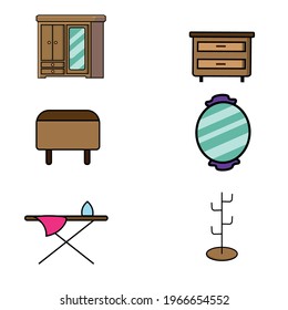 Wardrobe Icon Set. Cupboard, Drawers, Mirror, Seater, Clothing-rack, Iron-board. 