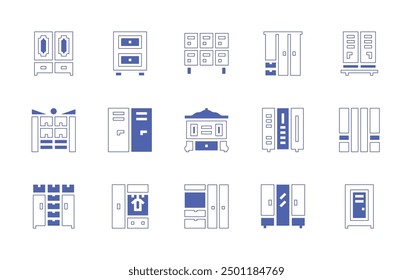 Wardrobe icon set. Duotone style line stroke and bold. Vector illustration. Containing closet, wardrobe, cabinet, furniture, locker, lockers, dressingroom.