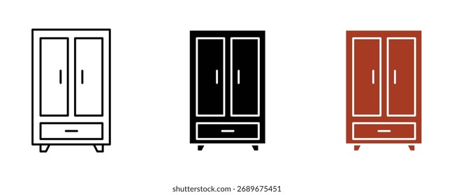 O ícone do guarda-roupa define o vetor no fundo branco. móveis, armário, armazenamento, madeira, porta, gaveta, casa, casa, interior, eletrodoméstico, símbolo.