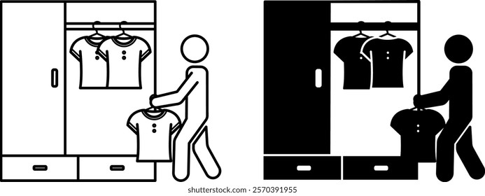 Wardrobe Icons. Black and White Vector Illustration. Man Taking Out a New T-Shirt from a Closet. Clothes. Fashion Concept