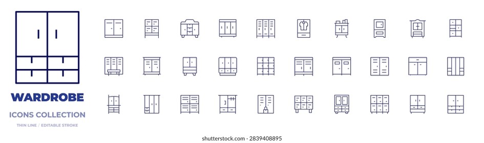 Wardrobe icons collection. Thin Line icons, editable stroke. lockers, locker, lockerroom, closet, cupboard, dressingroom, changingroom, wardrobe