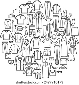 Wardrobe icons in round shape. Clothes line symbol