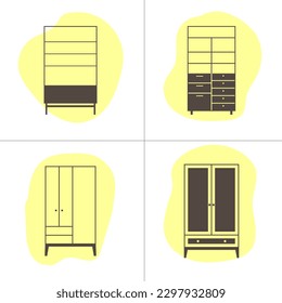 Iconos de armario ajustados en estilo plano. Ilustración vectorial de mobiliario.