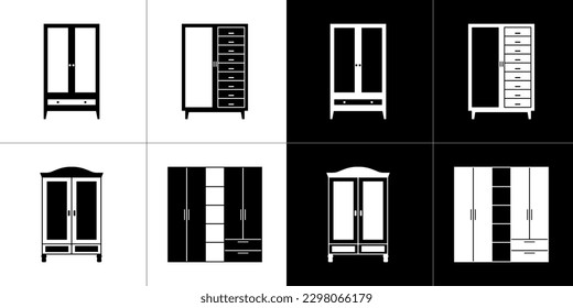 Juego de iconos de armario. Aislado sobre fondo blanco y negro. Ilustración del vector