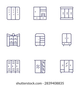Wardrobe icons set. Thin Line style, editable stroke. cupboard, changingroom, dressingroom, lockers, wardrobe