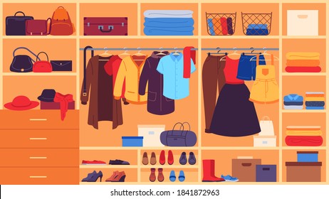 Wardrobe. Inner space closet, shelves and hangers with clothes, shoes and accessories, organization and storage clothing flat vector set. Wardrobe female clothes, clothing storage illustration