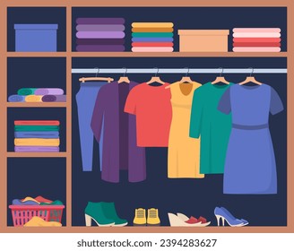 Wardrobe. Inner space closet, shelves and hangers with female clothes, shoes and accessories, organization and storage clothing. Vector illustration