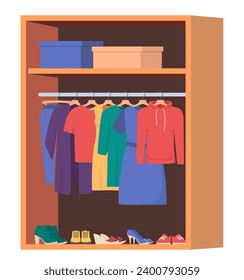 Wardrobe. Inner space closet, shelves and hangers with female clothes, shoes and accessories, organization and storage clothing. Vector illustration