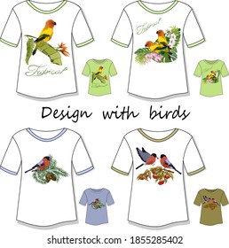 Objetos de armario con diseños de colores.Colección de ropa con una decoración alegre de pájaros y plantas.