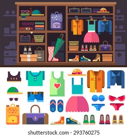 Wardrobe, items of personal style for women. Women's clothes and shoes for sports and rest.  Closet with shelves and drawers. Vector flat illustration