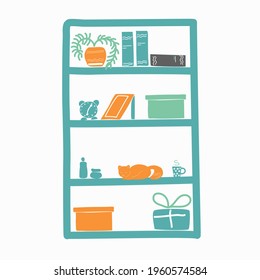 A wardrobe in the living room for books, photographs and other interior items. Isolated element on white background in doodle style.