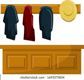 Wardrobe in locker room. Clothing and hat in cloakroom. Element of Museum and restaurant. Reception counter in lobby. Flat Anteroom and antechamber